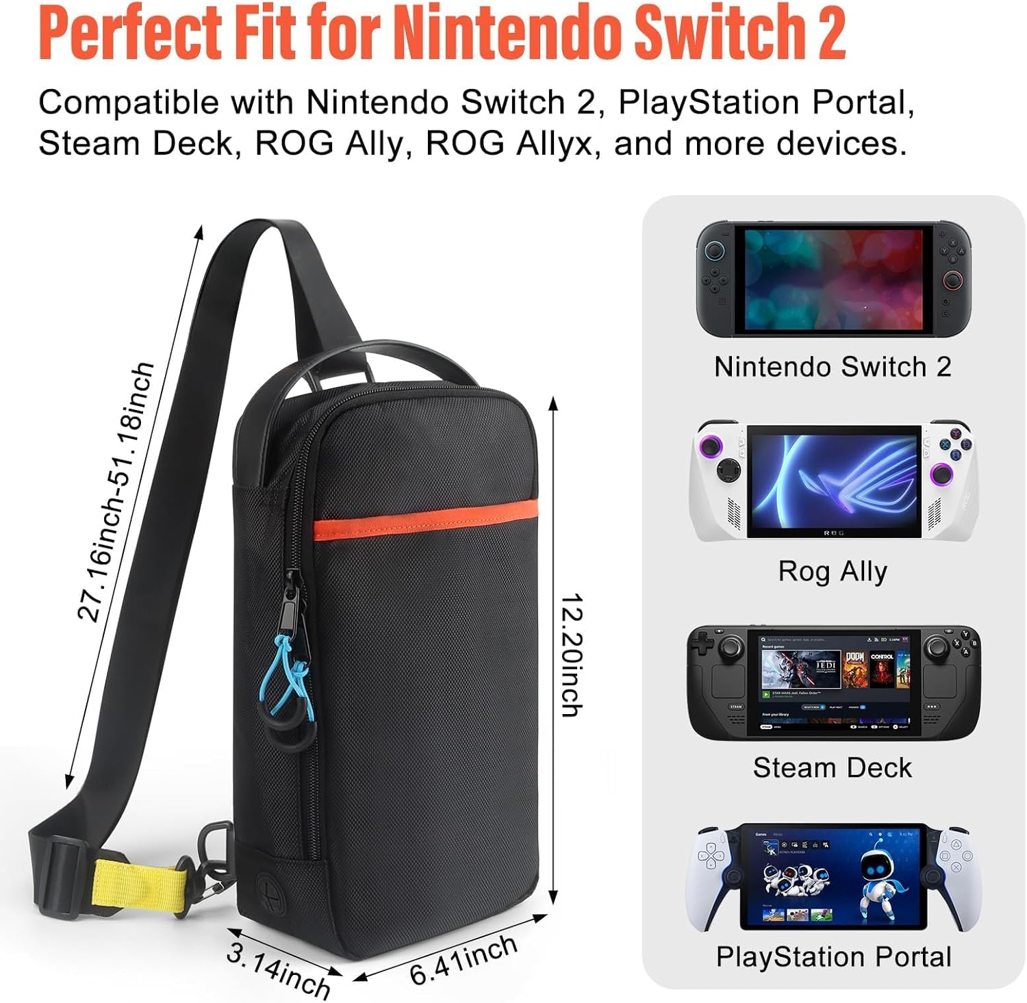 Sling Crossbody Bag for Nintendo Switch 2/Steam Deck/PlayStation Portal, Large Portable Shoulder Crossbody Bag with USB Charging Port and 16 Game Card Slots,Holds Console & Accessories,Black