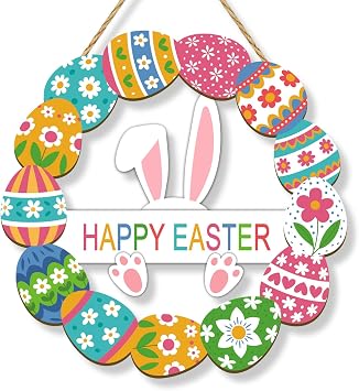 Easter Decoration Wooden Wreath for Front Door Decor Happy Easter Sign Spring Decoration, Bunny Sign Flower Egg Rabbit Welcome Hanging Signs for Home Wall Decor Party Outdoor Indoor