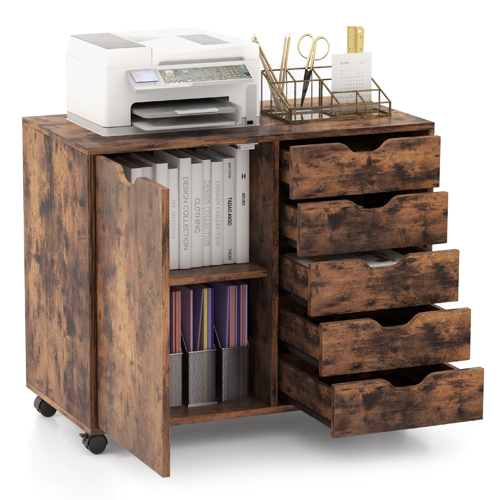 COSTWAY Caisson Bureau, Meuble Tiroir Bureau à Roulette, 4 Tiroirs Verrouillables Avec 8 Clés, Barre De Suspension Réglables Pour Dossiers Suspendus Au A4 Lettre, Pour Imprimante, Document (Noir