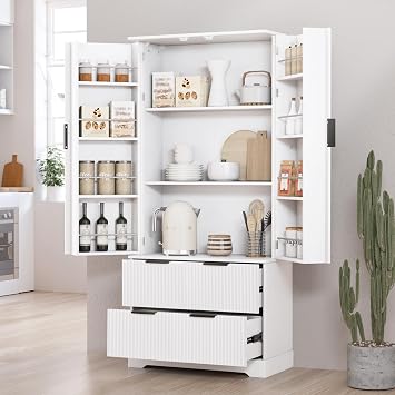 72" Tall Freestanding Wood Fluted Pantry Organizers Storage Cabinet with 2 Drawers, Door Racks, Modern Minimalist Cabinet with Adjustable Shelves for Kitchen, Living Room, BathroomWhite