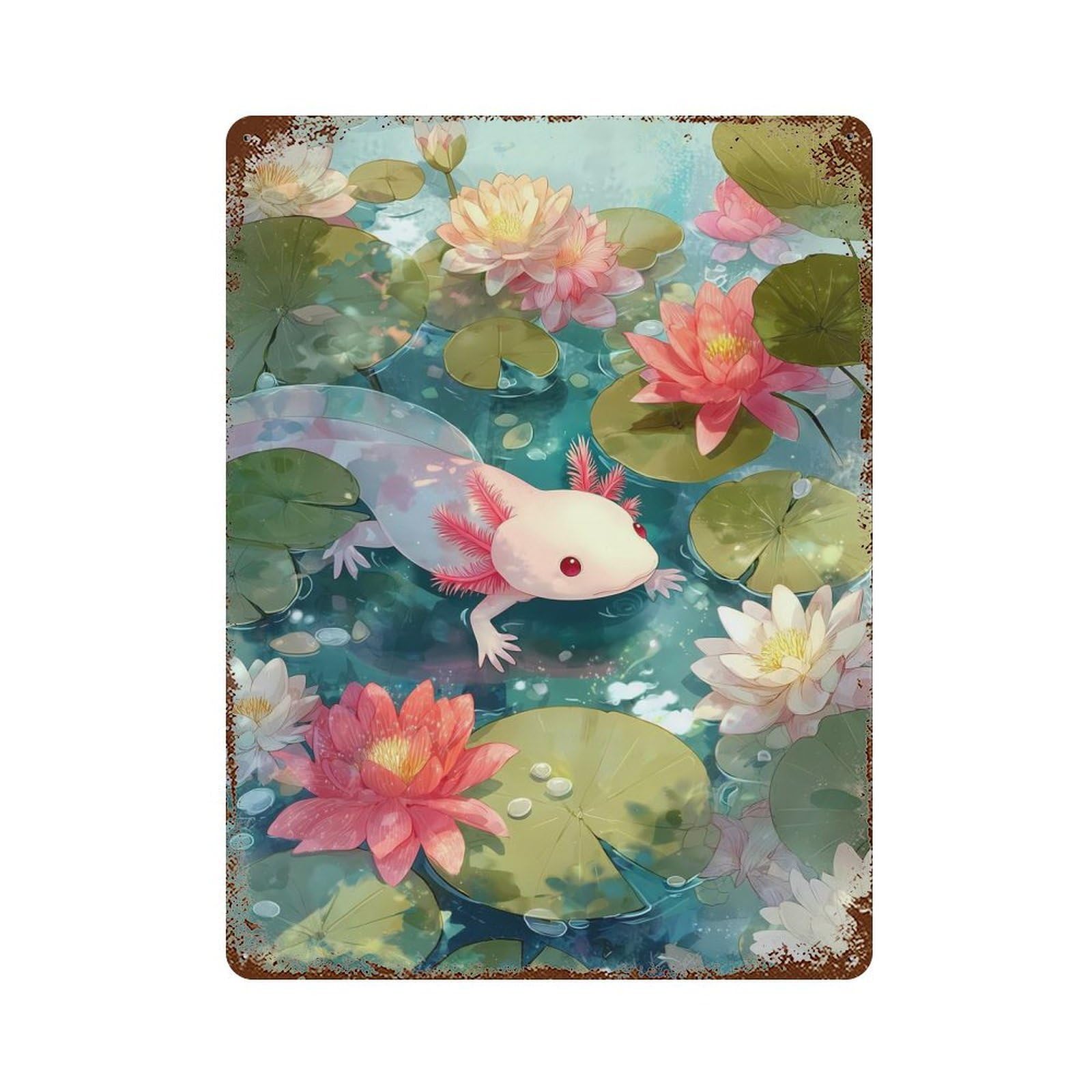 Weathered Tin Sign with Axolotl in A Lily Pond Design 15.7"x11.8", for Shed, Workshop And Garage Wall Decor, Decorative Metal Wall Art