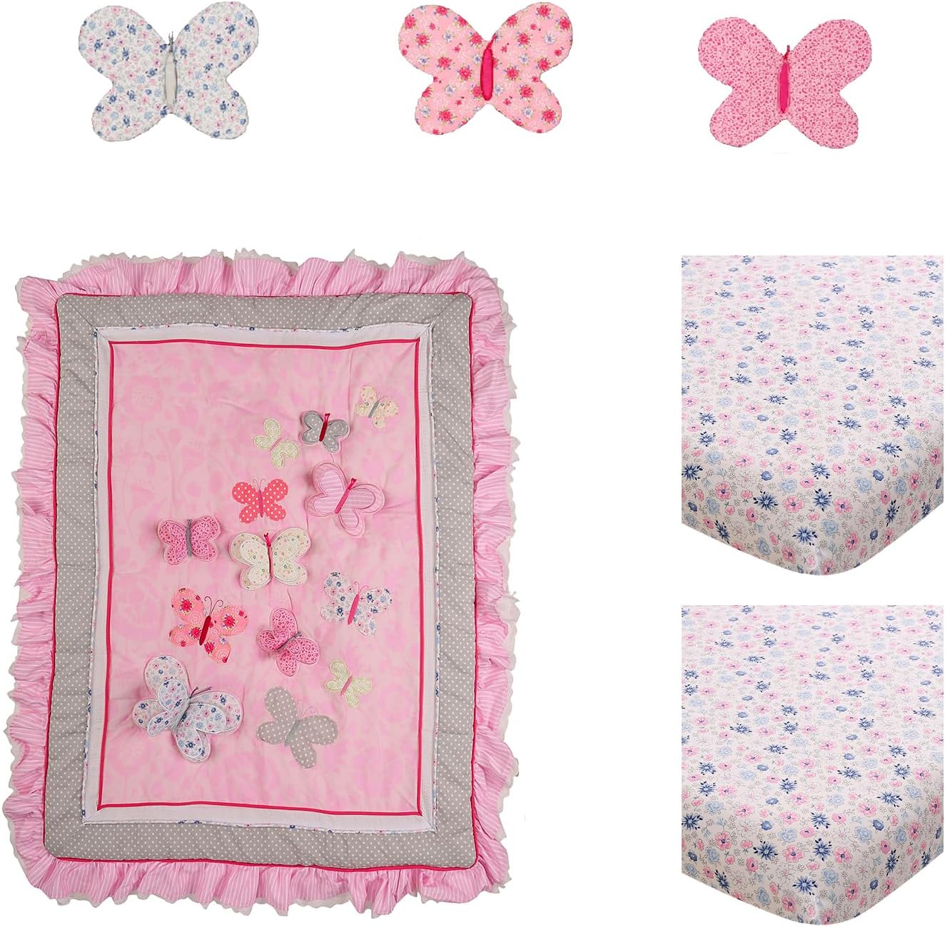 6 PCs Cotton Pink Embroidery Butterfly Nursery Crib Bedding Set Cotton Butterfly Themed Baby Girl Cot Bedding Set Quilt/Fitted Sheet x2/ Wall Decor x 3, 28'' X 52''