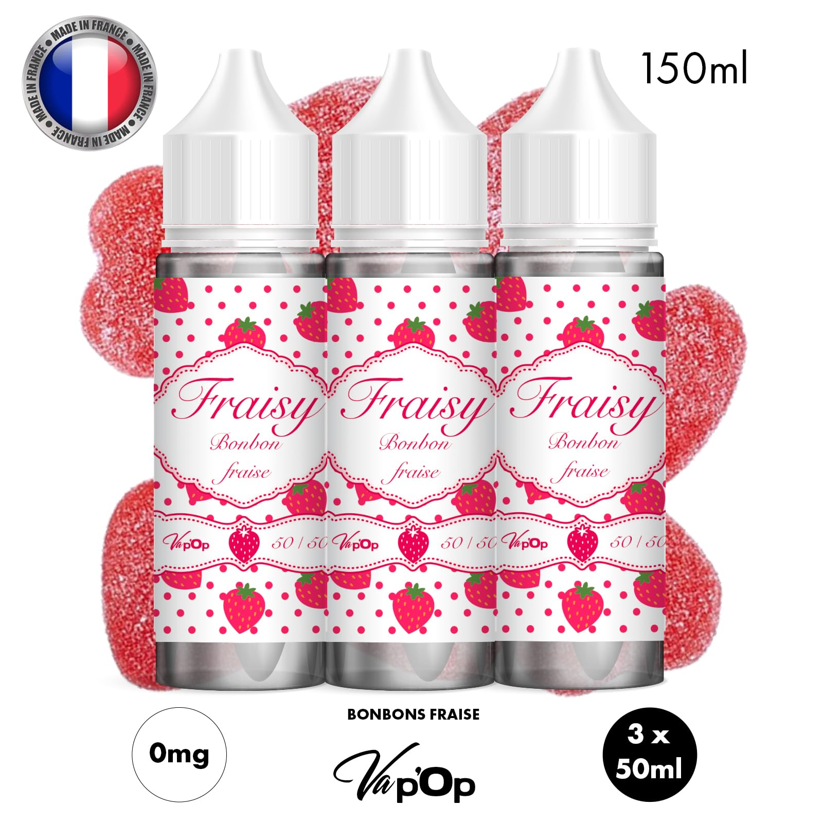 E-liquide cigarette électronique - GOÛT : BONBON FRAISE TAGADA - 50ml -  50MPGV/50VG - LOT DE 3 FLACONS (150ml) - Sans nicotine ni tabac