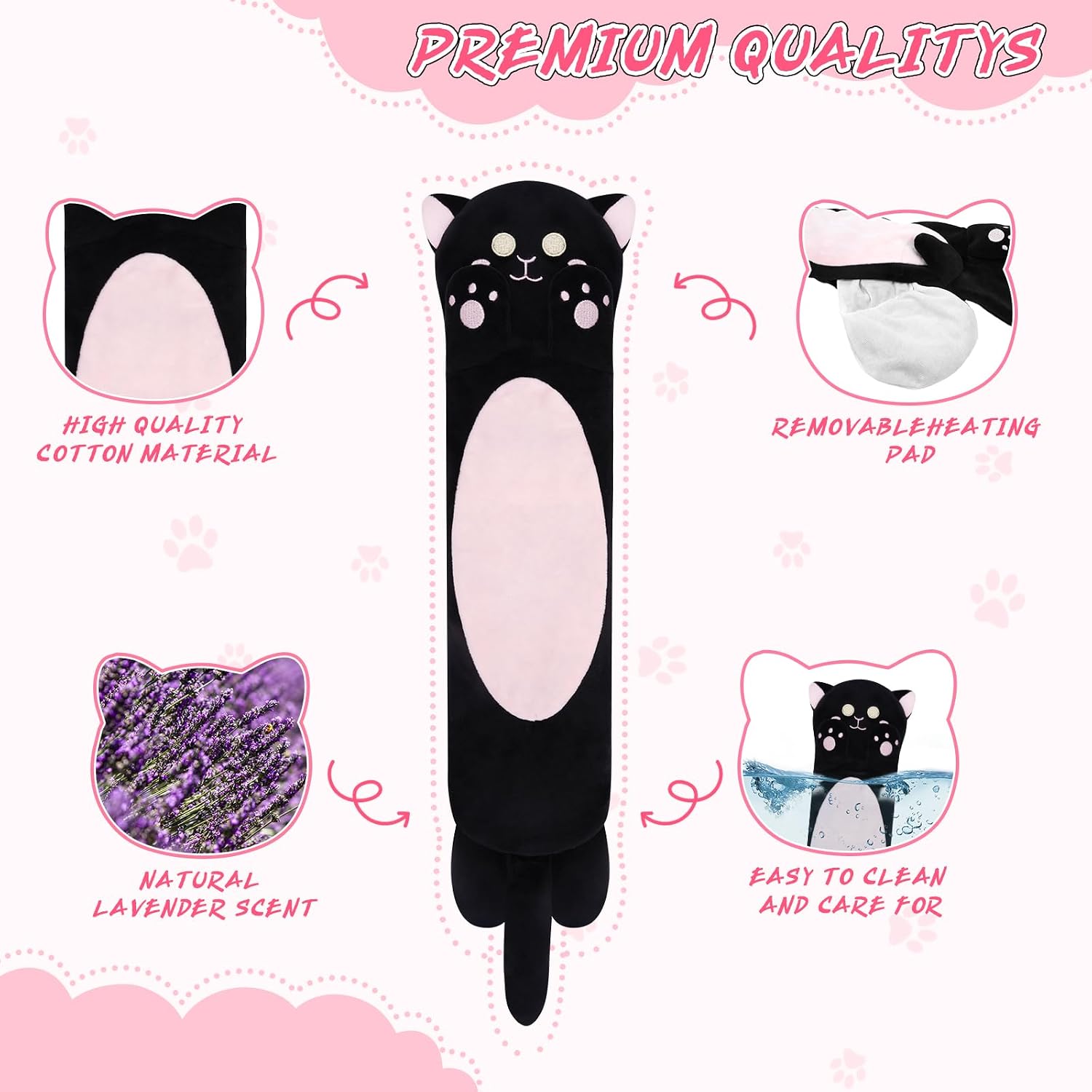 Microwavable Heating Pads for Cramps, Cute Black Cats Heating Pad Period Cramps Pain Relief for Women Girls, Stuffed Animals Moist Heat Pad for Menstrual-Washable Heat Cover