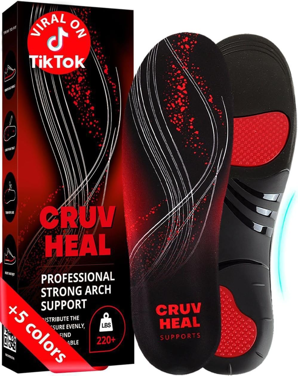 CRUVHEAL 220+ lbs Plantar Fasciitis High Arch Support Insoles Men Women - Orthotic Shoe Inserts - Boot Work Shoe Insole (M, Black)