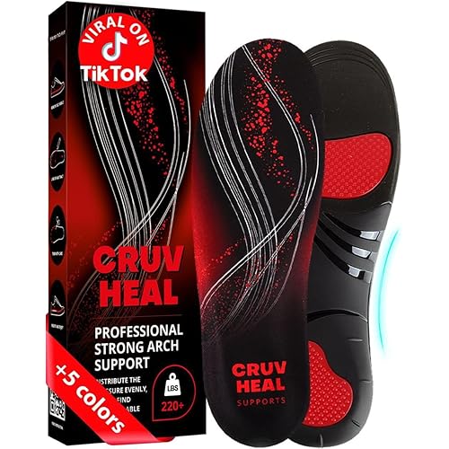 CRUVHEAL 220+ lbs Plantar Fasciitis High Arch Support Insoles Men Women - Orthotic Shoe Inserts - Boot Work Shoe Insole (M, Black)
