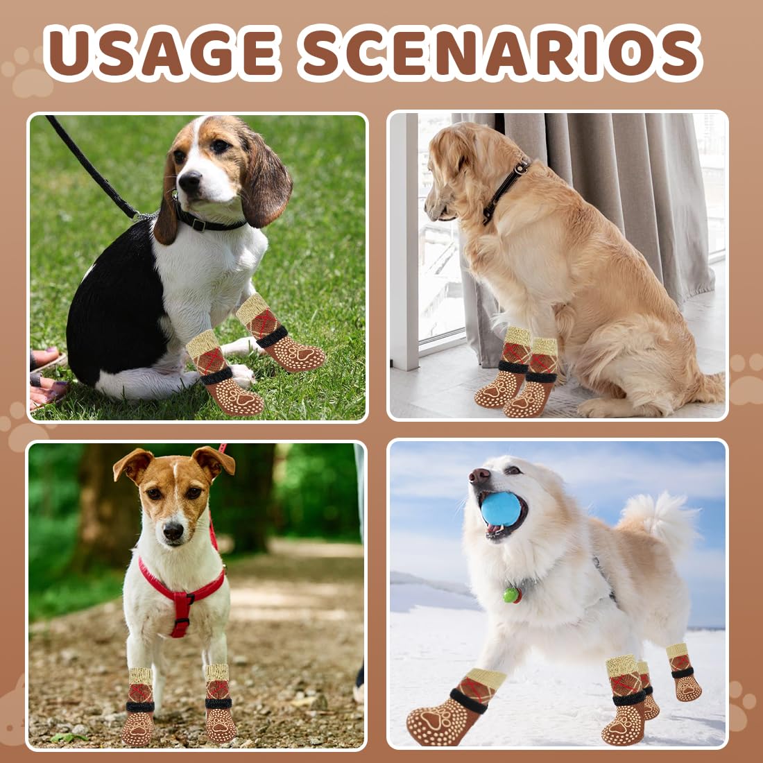 4 Pezzi Calzini Antiscivolo per Cani,Proteggi le Zampe del Cane, Impermeabili,Con Cinturini Regolabili e Silicone su enTrambi i lati,Per uso Interno ed Esterno, L
