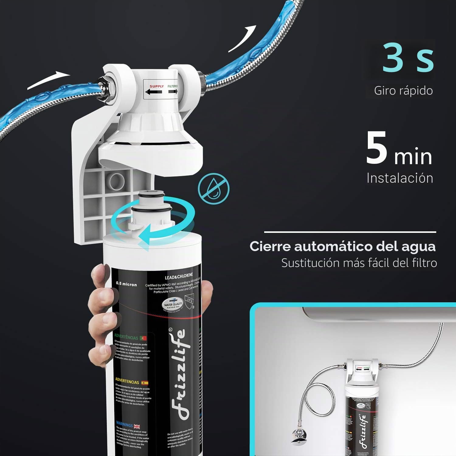 Frizzlife MK99 Filtro de agua para debajo de la mesa, certificado NSF/ANSI 42&53&372, filtro de agua potable, conexión directa con grifo de cocina, reduce plomo, cloro, metales pesados, limas, 0,5