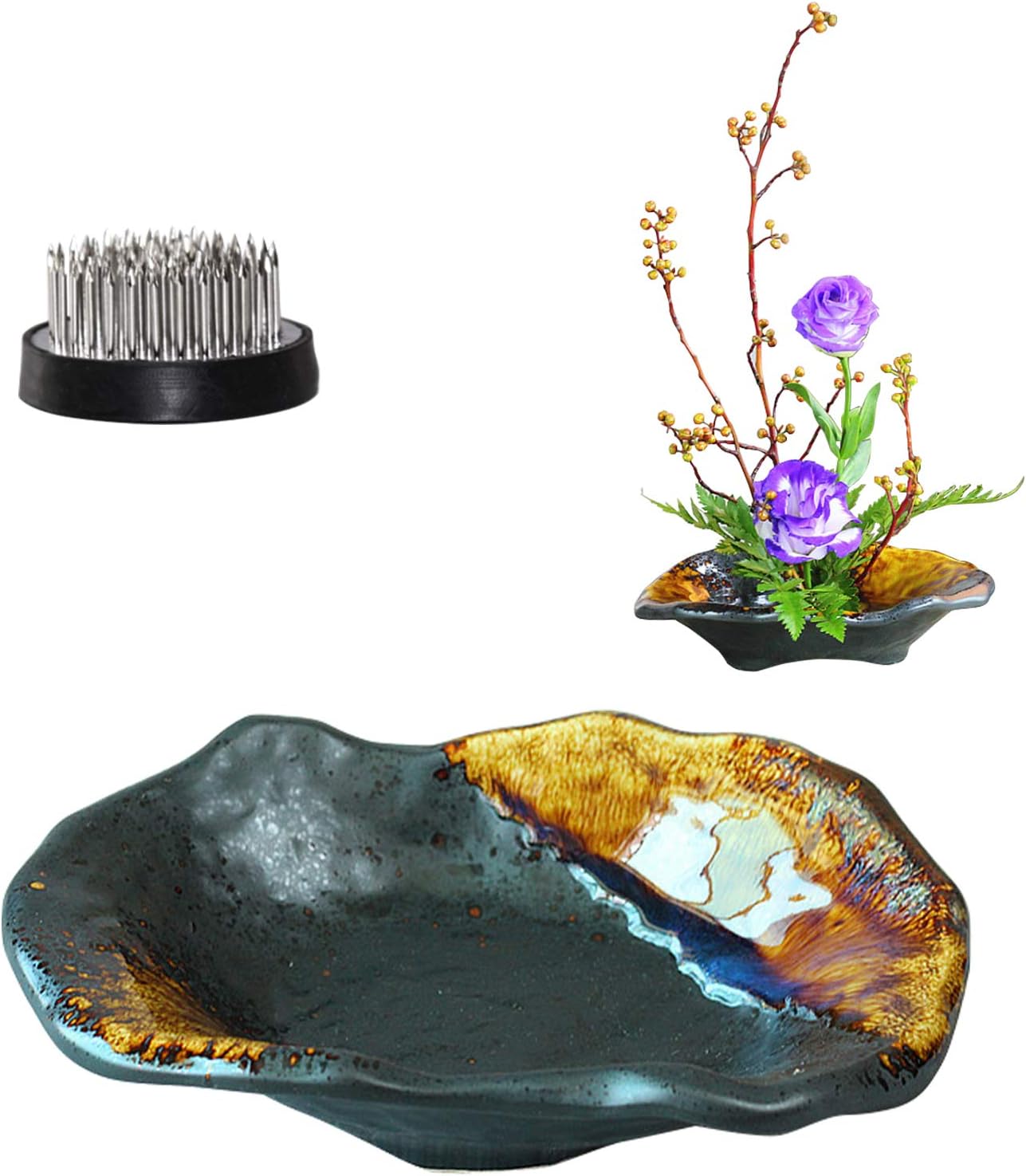 WANDIC Macetero de cerámica irregular de Kenzan con 4,6 cm, diseño de rana, color aleatorio para arreglos de flores de Ikebana