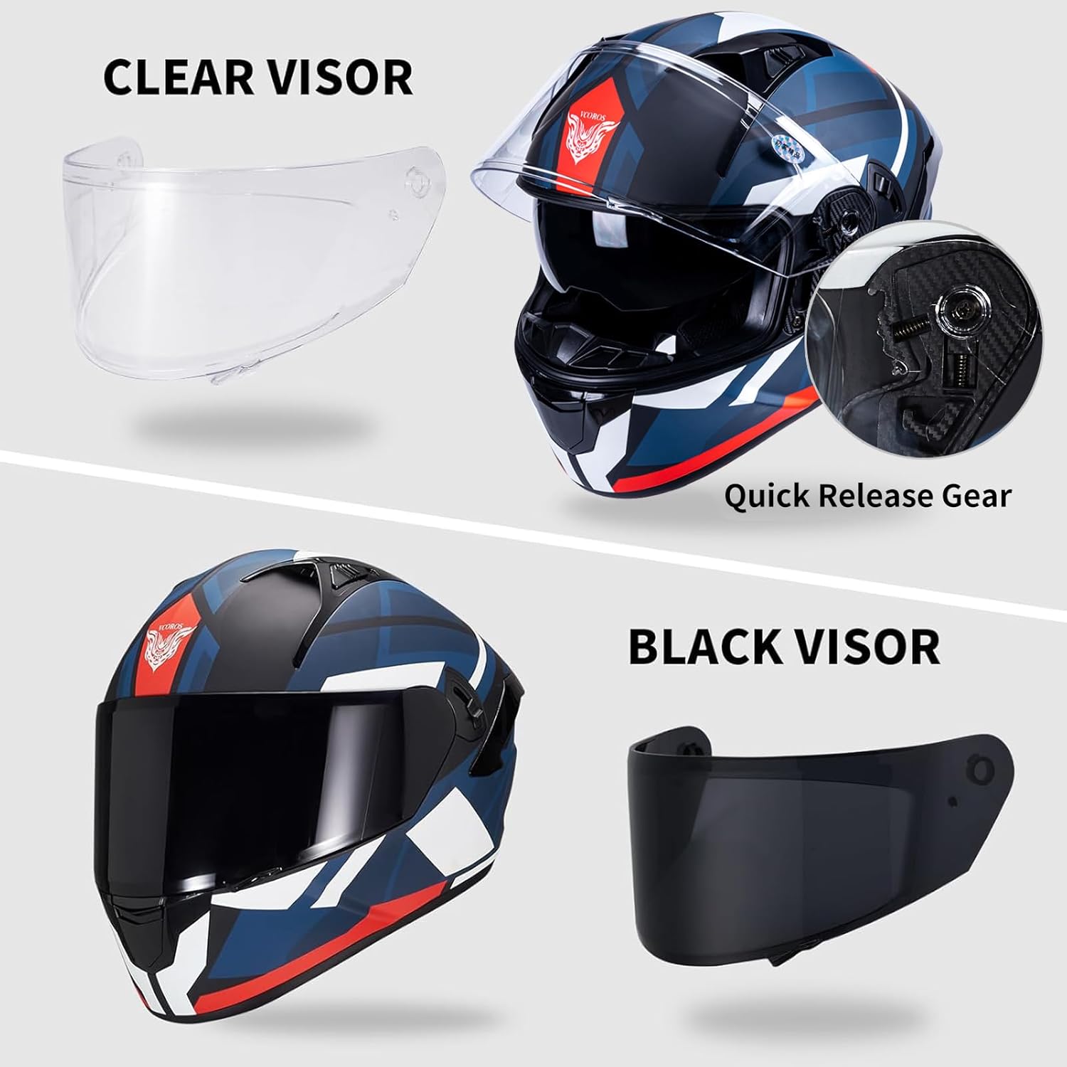 VCOROS Full Face Dual Visor Motorcycle Helmet for Adults Motorbike Street Bike Racing Helmets X9 DOT Approved with Black Visor - Image 3