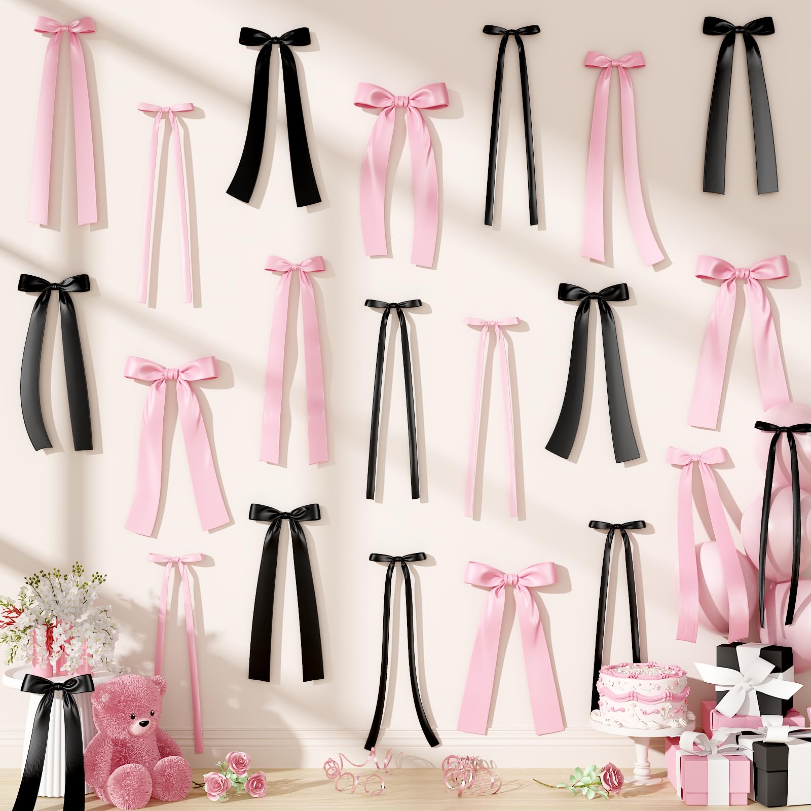 40Pcs Pink Black Bow Party Decorations, Black Pink Bows Wall Decor, DIY Ribbon Satin Bows Photo Backdrop for Women Girls Coquette Bachelorette Baby Bridal Shower Room Bedroom Halloween Party Decor — image 1