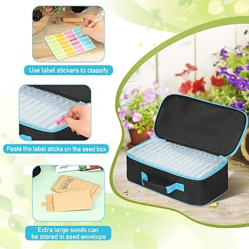 15 Slots Seed Storage Organizer Box with 20 Seed Envelopes, Large Capacity Seeds Storage Container with Zipper Bag Label Stickers, Seeds Saving Container for Garden Vegetable and Flower (Blue)