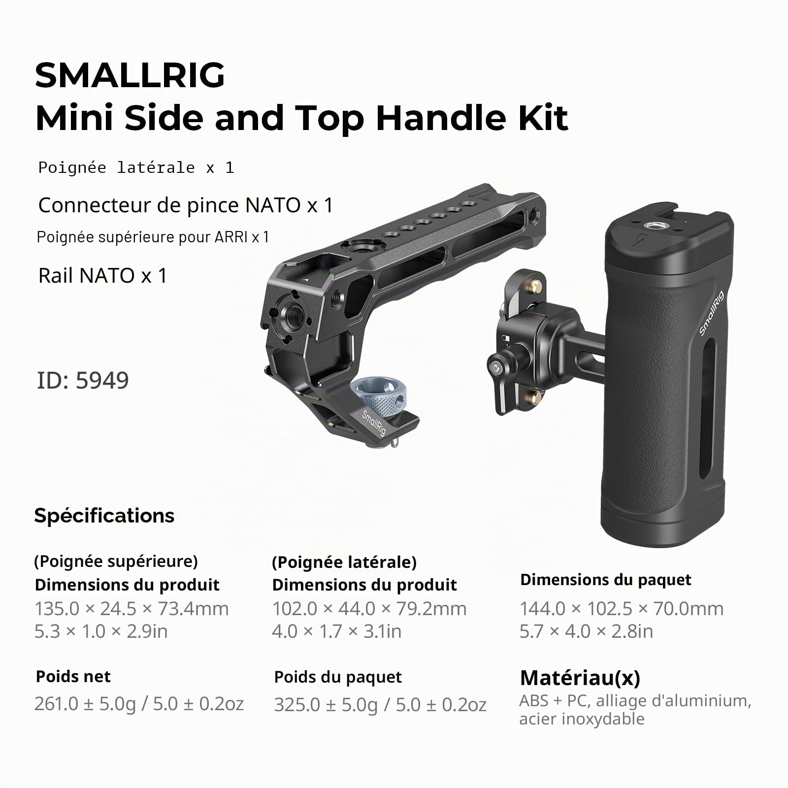 SMALLRIG Kit de Mini-Poignées Latérales et Supérieures pour Cage de Caméra, Poignée Ergonomique pour Gaucher ou Droitier, Réglable en Hauteur (30 mm) - 5949
