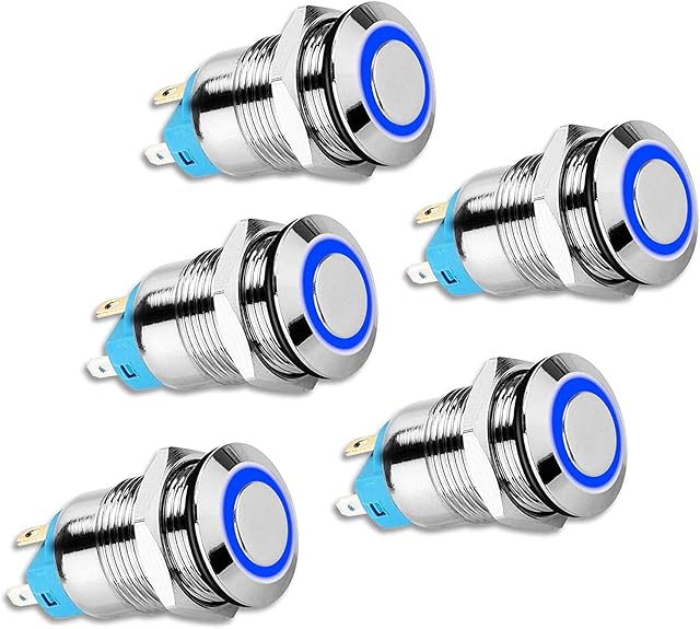 5 Pack 12mm Momentary Push Button Switch with Blue LED Light, 4 Pin 12V/24V SPDT Self-Locking Round Metal Latching ON/OFF Switch Waterproof Rocker Pushg Button Switch for Car RV Truck Marine Boat