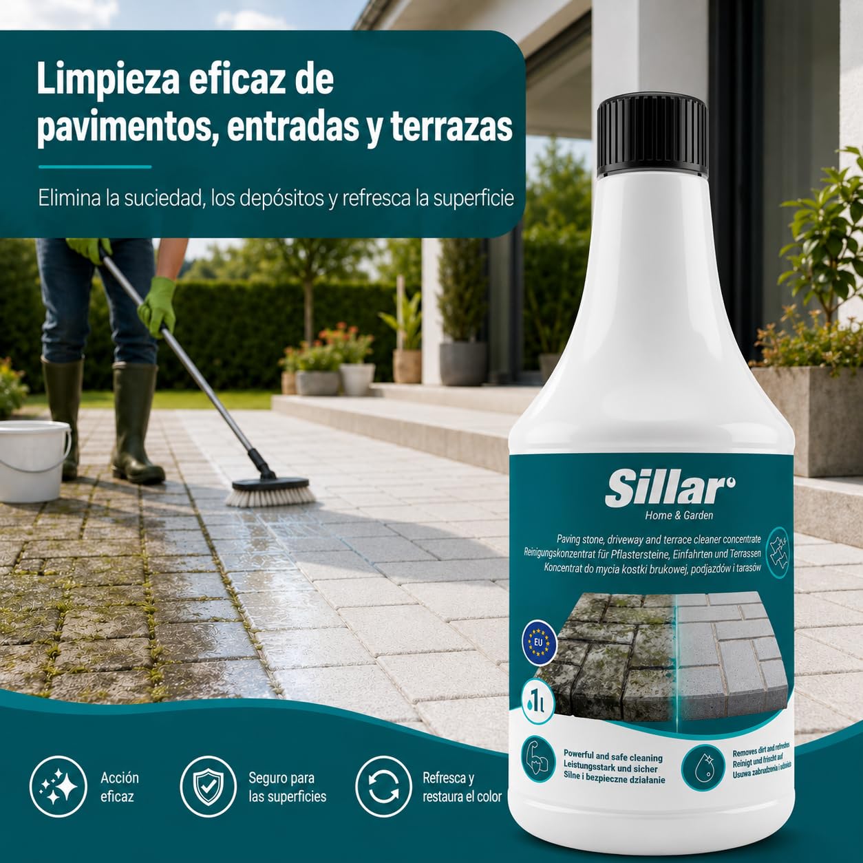 Sillar Limpiador de Piedra Concentrado 4 x 1 l para Pavimentos Exteriores, Adoquines y Terrazas, contra Aceite, Musgo, Verdín y Suciedad, Diluible, para Pulverizador, Cepillo, Hidrolimpiadora