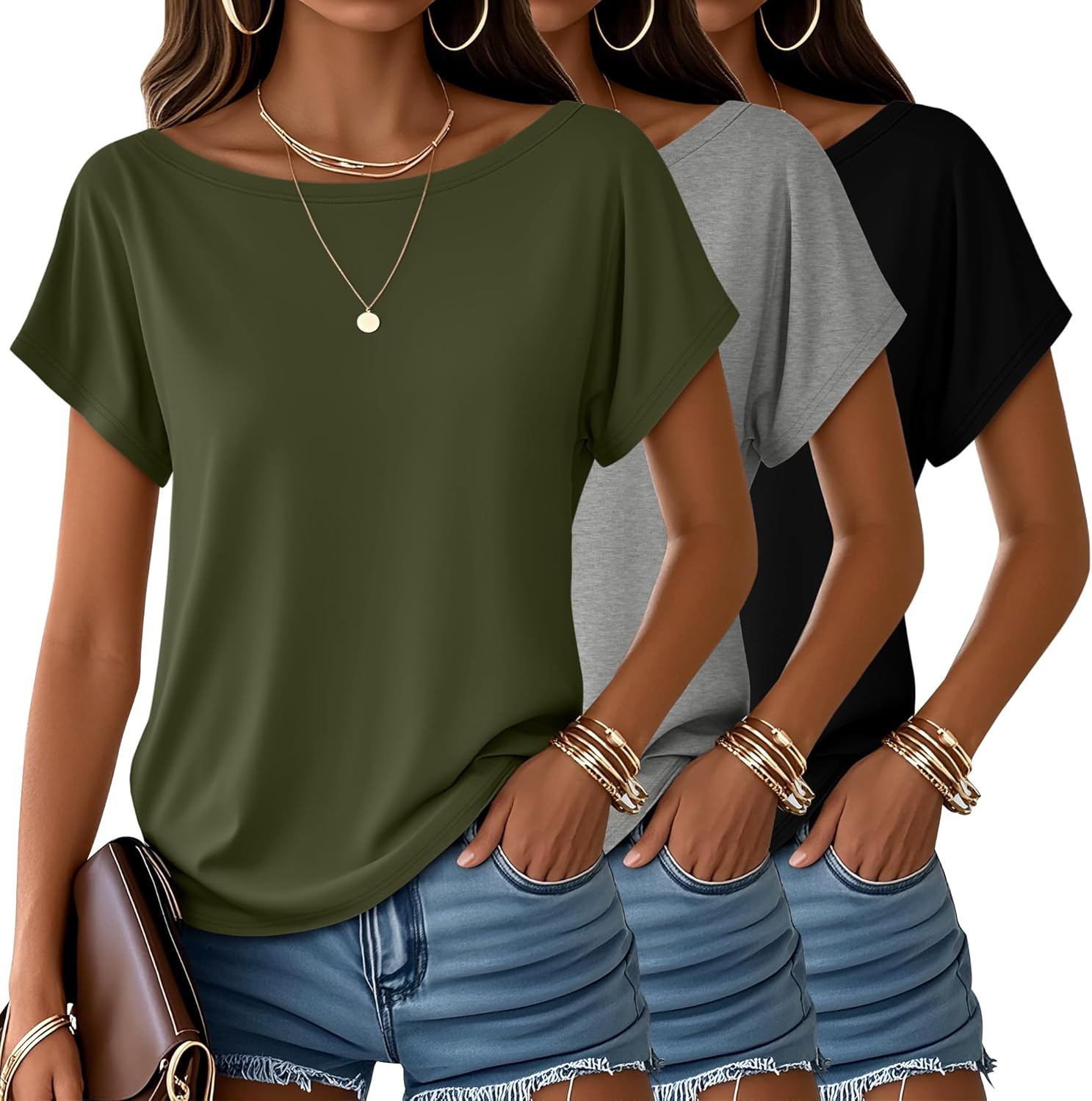Huukeay 3 Pack Boat Neck Off The Shoulder Tops for Women, Short Sleeve Loose Shirts Causal Oversized Tunic Basic Tees