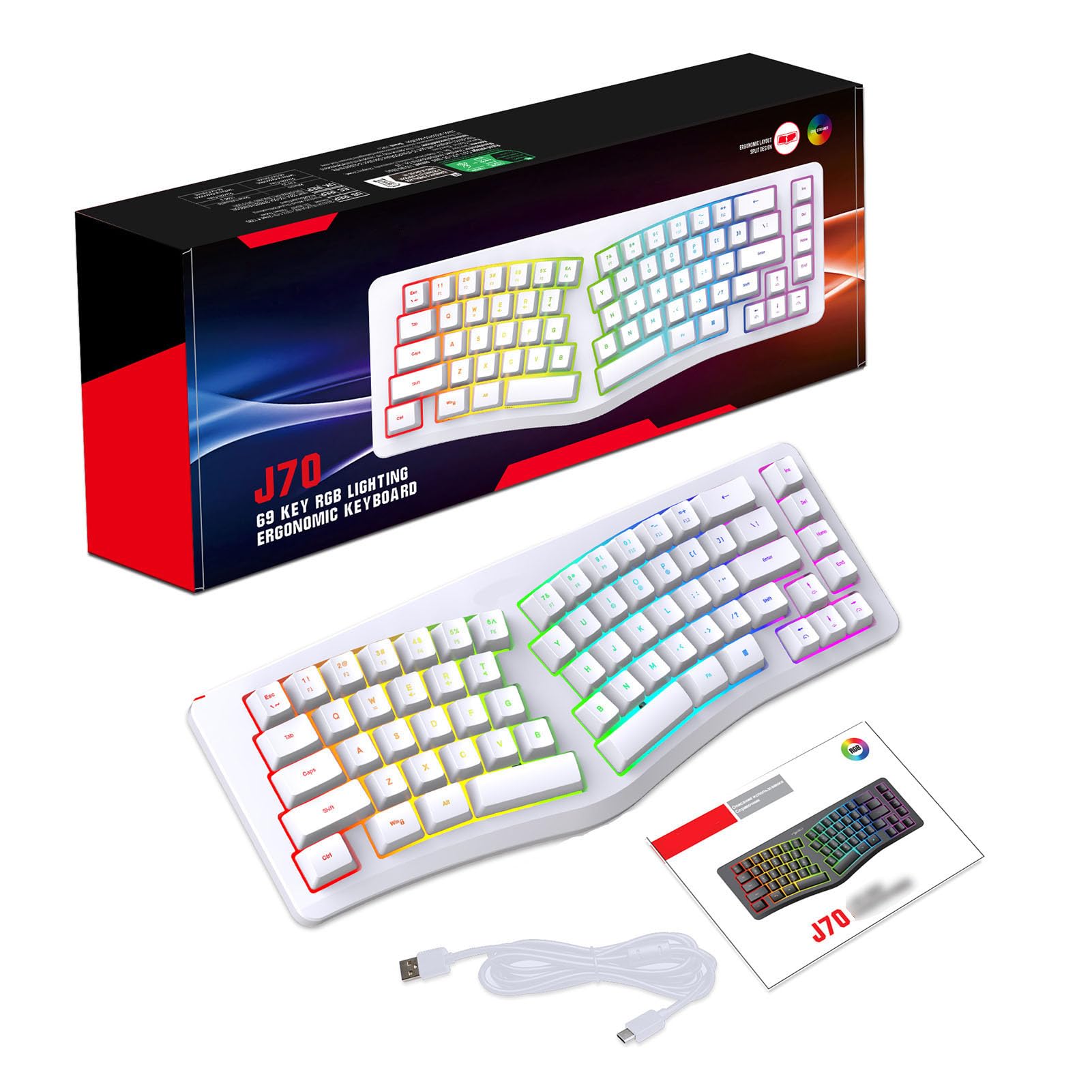 Annadue Tastiera ergonomica divisa a 69 tasti, 18 modalità RGB, USB C staccabile, tasti silenziosi, tastiera compatta cablata per/per Linux (ufficio/gioco/casa) (bianco)