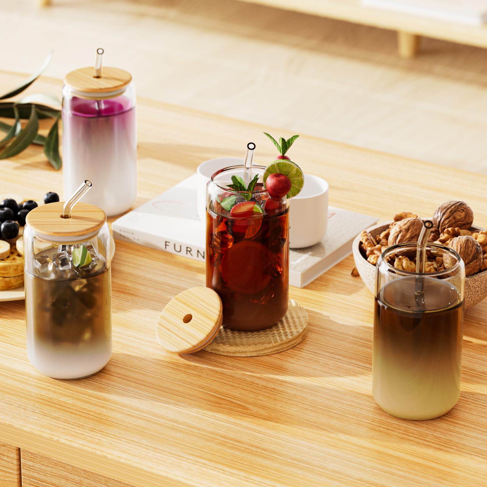 FINEW 12 Stück Gläser mit Deckel und Strohhalm, 16oz/450ml Eiskaffee Gläser, Cocktailgläser, Iced Coffee Glas, Longdrinkglas mit 2 Reinigungsbürsten für Bubble Tea, Whiskey, Cocktail, Biergläser