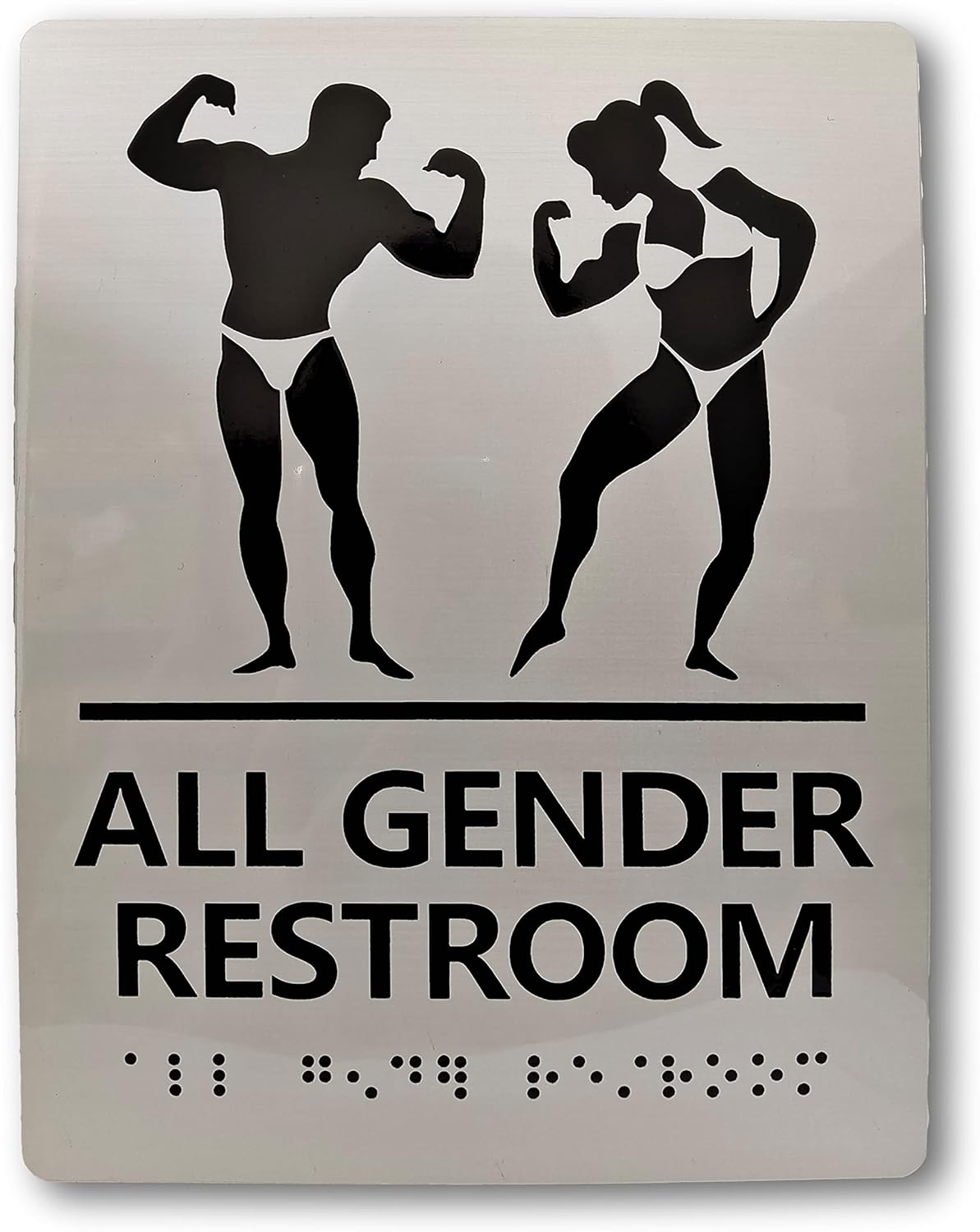 Personalized Restroom Sign with Braille - Brushed Aluminum Bathroom Sign with Double Sided Foam Tape, Office or Business Toilet Door or Wall Decor
