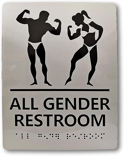 Miniatura 5 de Letreros personalizados para baño de hombres y mujeres con Braille (juego de 2)  Letreros de baño de aluminio cepillado, 7 x 3 pulgadas con cinta de