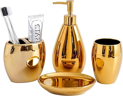 Wodlo Juego de accesorios de baño, juego de accesorios de cerámica azul para decoración de baño, contiene taza de cepillo de dientes, dispensador de