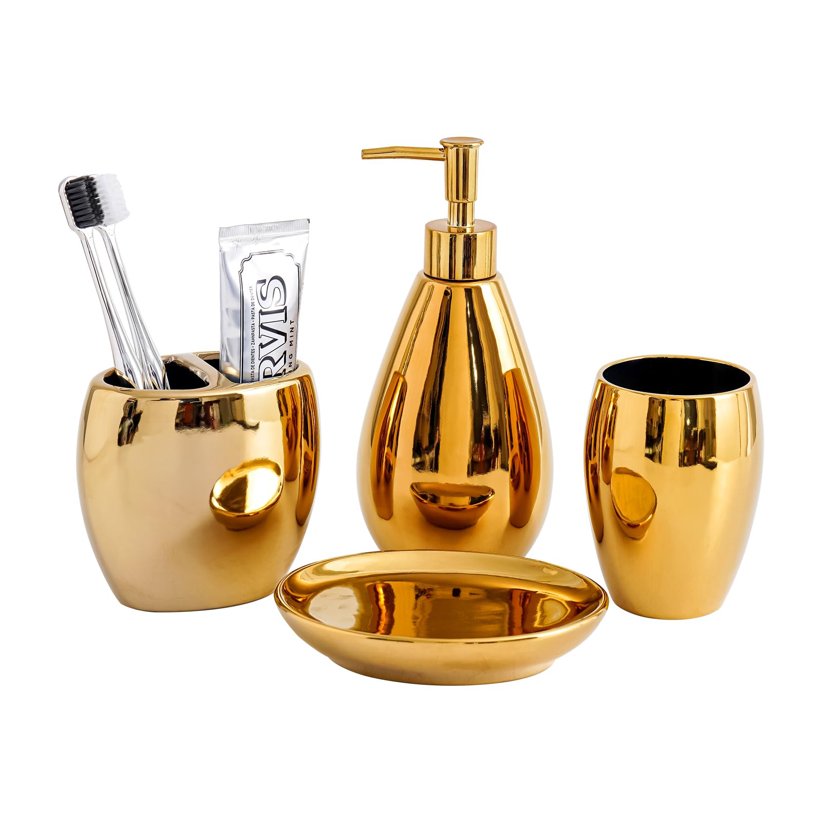 4-Piece Ceramic Bathroom Accessory Set, Bathroom Accessories Set Includes Soap Dispenser, Toothbrush Holder, Tumbler, Soap Dish (Gold)
