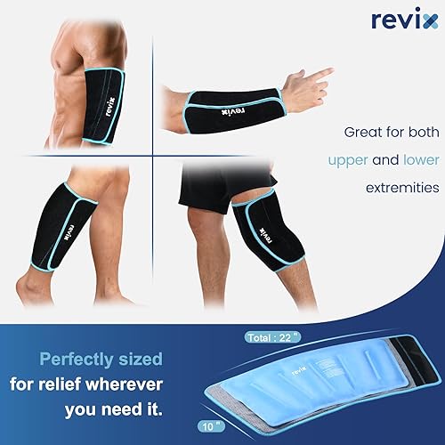 Miniatura 4 de REVIX Paquete de 2 paquetes de hielo XL para espinilleras reutilizables para alivio de molestias en el codo de pantorrilla, pierna y codo, envoltura