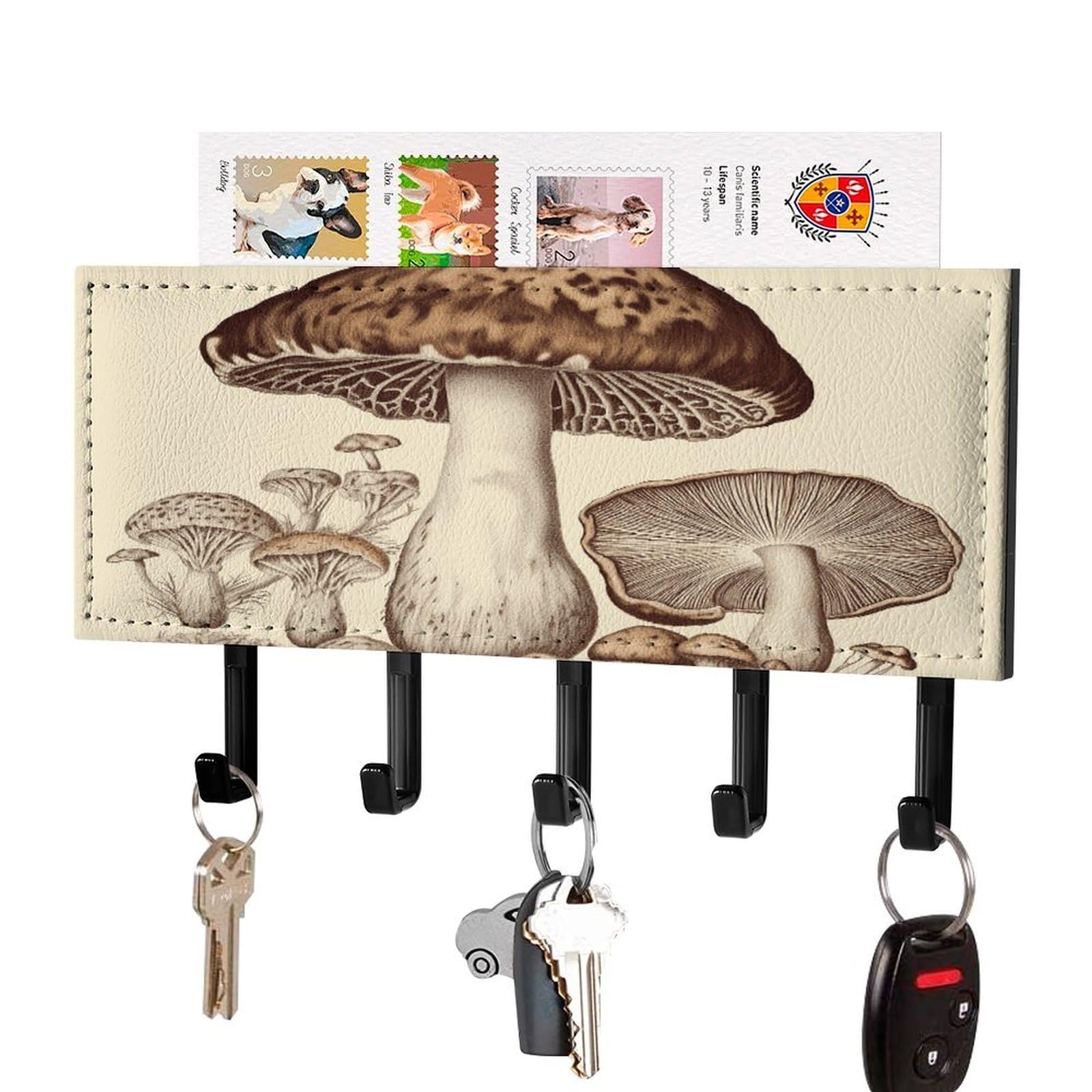 LDGSUPH Vintage Mushrooms Drawing Key Holder Wall Mount Key Hanger with 5 Hooks Fashion Key Organizer Rack Hanging Key Hooks with Mail Organizer Key Rack for Home Entryway Hallway Black-Style