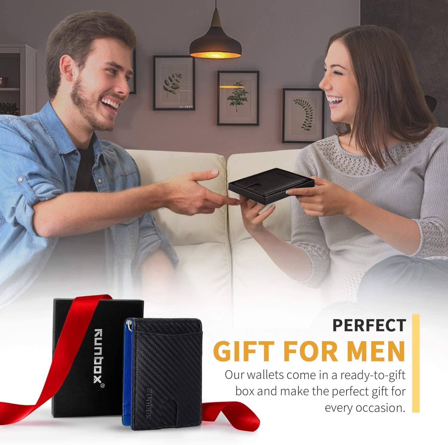 RUNBOX Slim Wallet for Men Genuine Leather RFID Blocking Bifold Minimalist Front Pocket Mens Wallet with Money Clip Thin Gift Box - Image 2