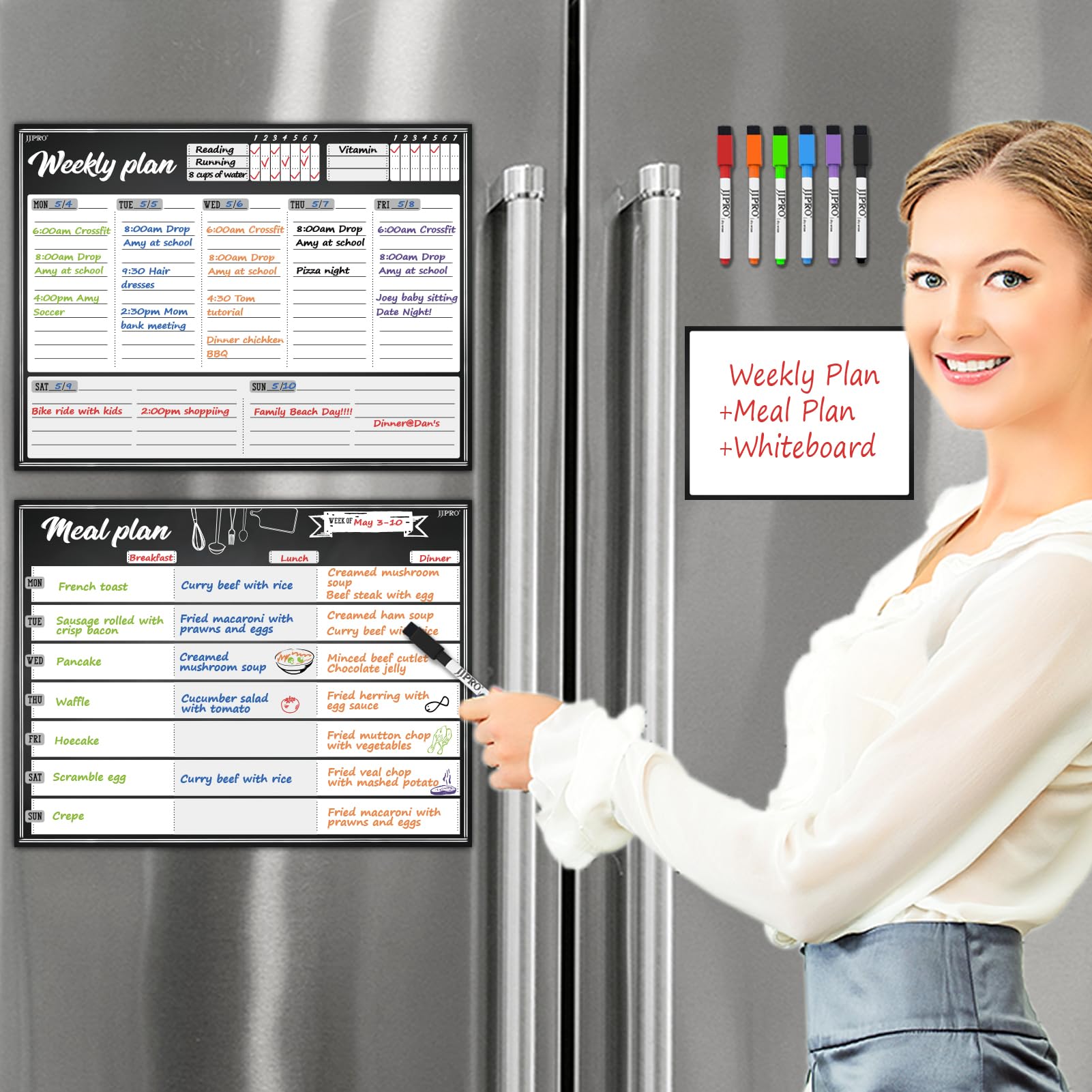 JJPRO Magnetic Dry Erase Meal Planning Whiteboard for Refrigerator-Magnetic Weekly Planner for Fridge-One Bonus Notepad whiteboard-Refrigerator Organizer with Weekly Planning Boards