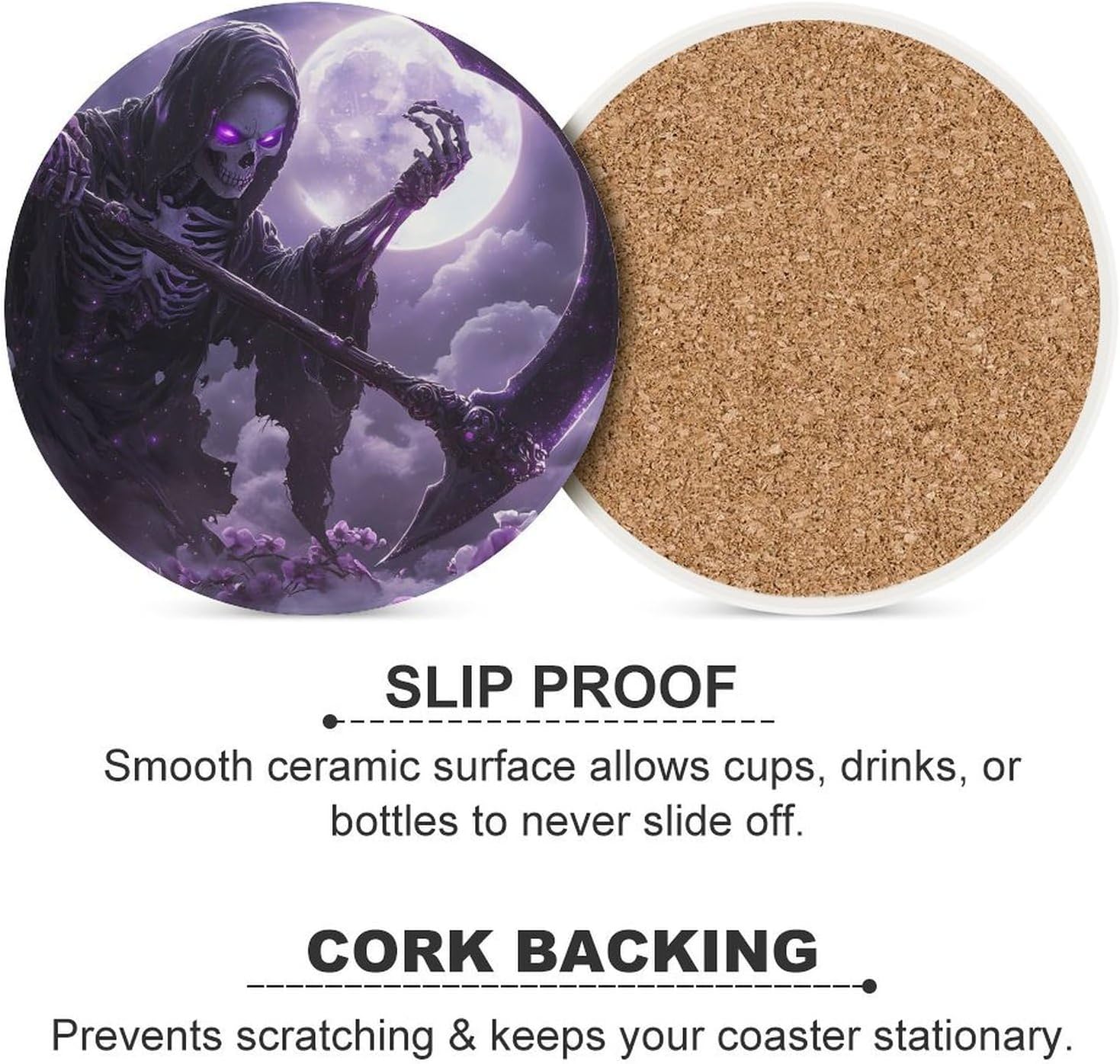 Purple Grim Reaper Mom Funny Round Ceramic Coasters for Drink Absorbent Cup Holders Tabletop Protection