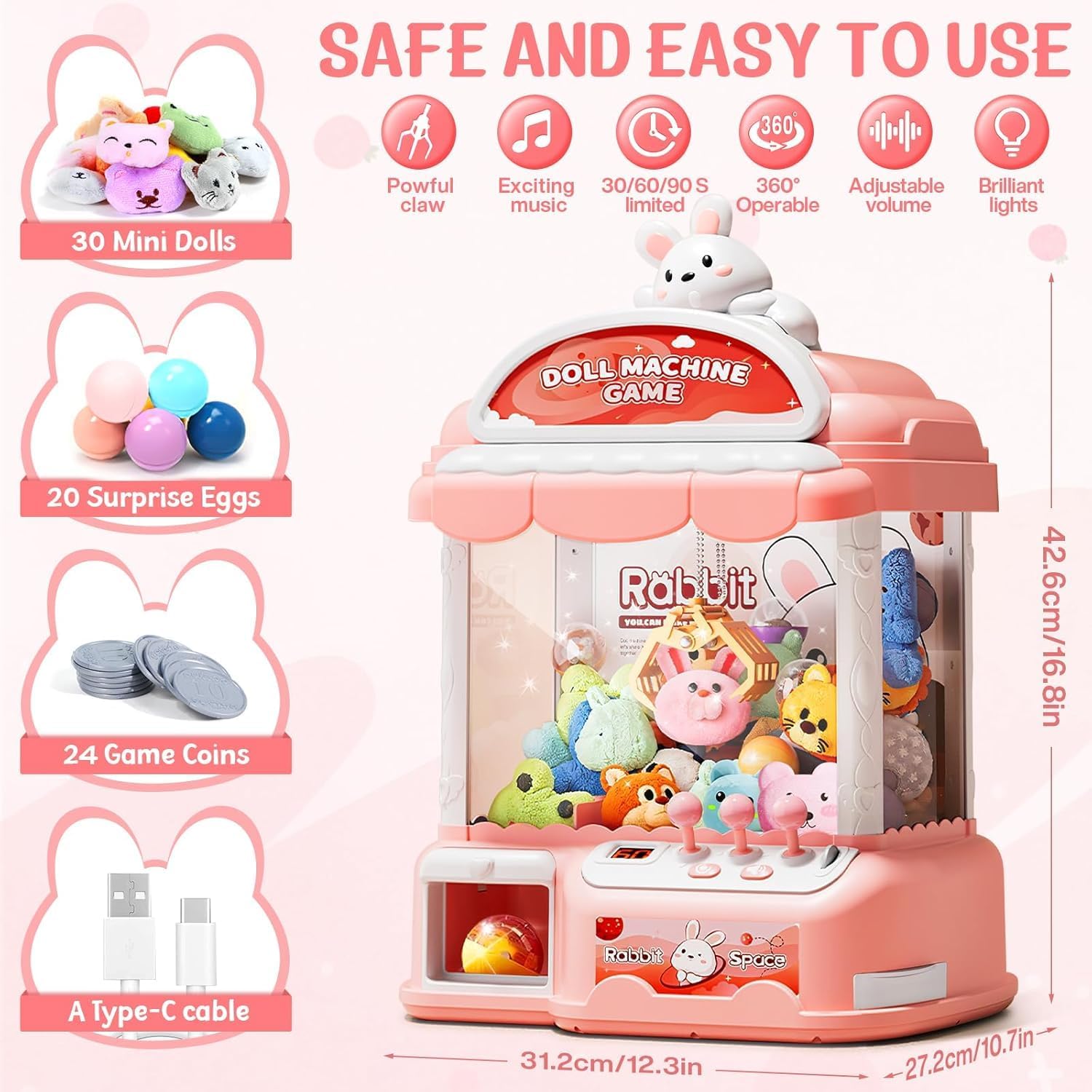 Large Claw Machine for Kids, Musical Electronic Arcade Game Console with Adjustable Sound, Christmas and Birthday Gift for Kids, Includes 30 Toys & 24 Game Coins & 20 Surprise Eggs