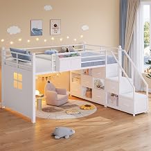 Twin Size Low Loft Bed with Stairs Cabinet&Reading Nook, Night Light Kids Loft Bed, Kids Twin Beds with Handy Clothes Rail, Safety Guardrail, Under-Bed Play Space, White