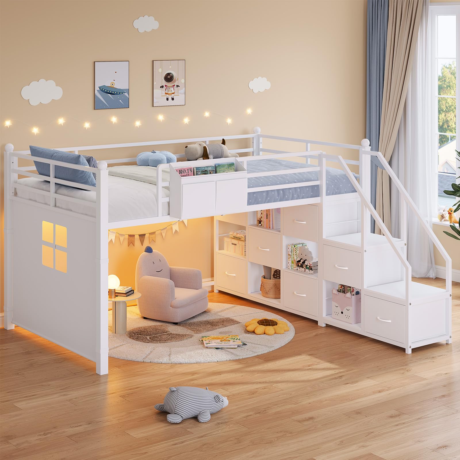 Twin Size Low Loft Bed with Stairs Cabinet＆Reading Nook, Night Light Kids Loft Bed, Kids Twin Beds with Handy Clothes Rail, Safety Guardrail,