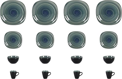 Miniatura 5 de Juego de vajilla cuadrada de gres de 16 piezas, diseño de espiral, color azul y negro exterior