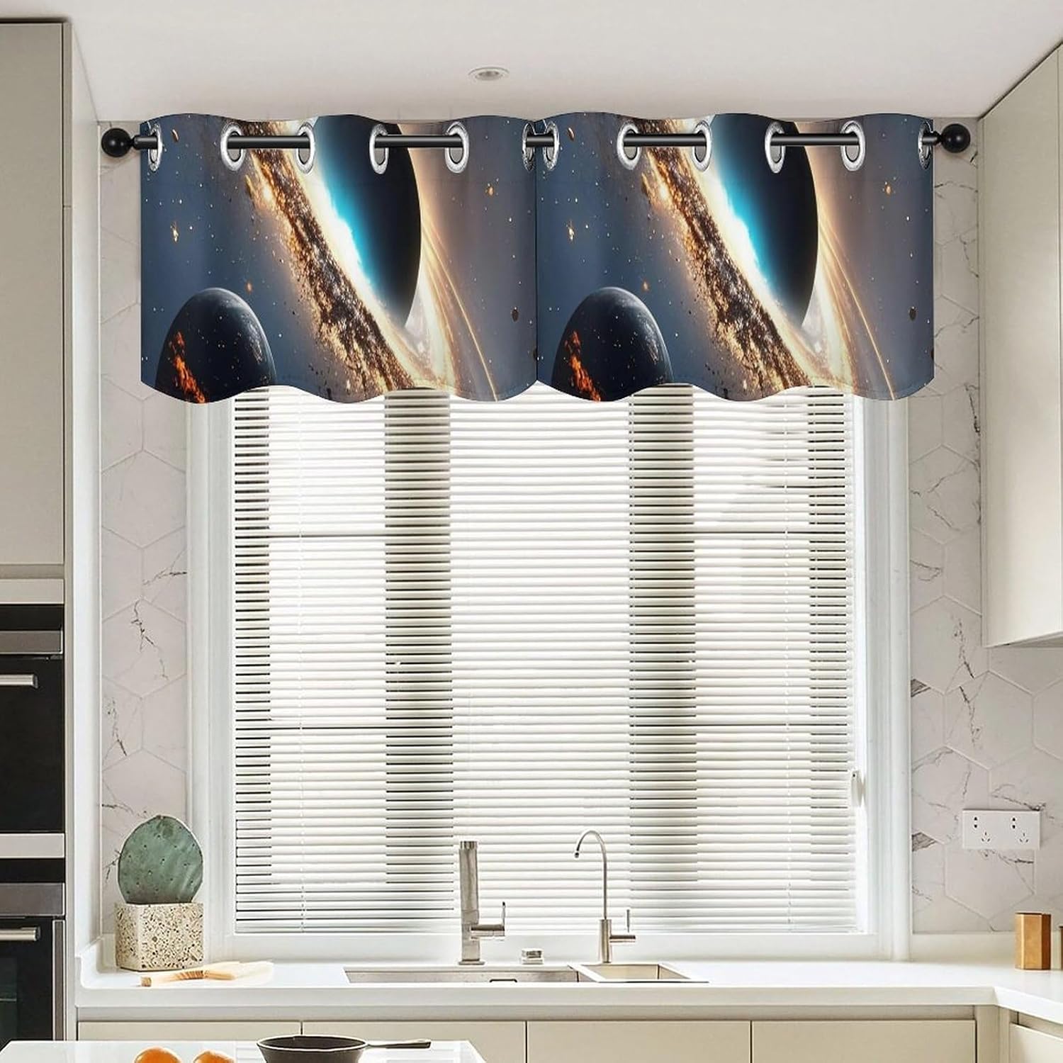 Universe Valance for Windows, 2 Pack Kitchen Curtains Modern Home Decor, Soft Blackout Window Curtains for Living Room & Bedroom, 18 X 52 Inch