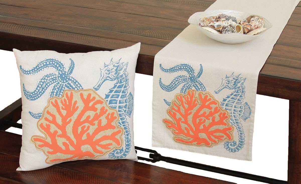 Applique Sea Life/Coral Coastal Poly Filled Decorative Pillow, 18 by 18-Inch, Sand