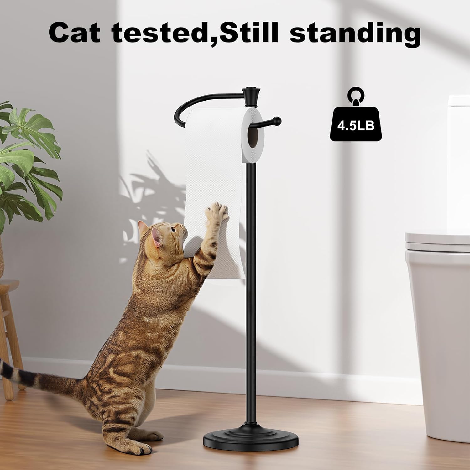 Toilet Paper Holder Free Standing, 25” H Stainless Steel Matte Black Toilet Paper Stand, Weighted Base Floor Tissue Roll Holder for Bathroom,Toilet Roll Storage Stand