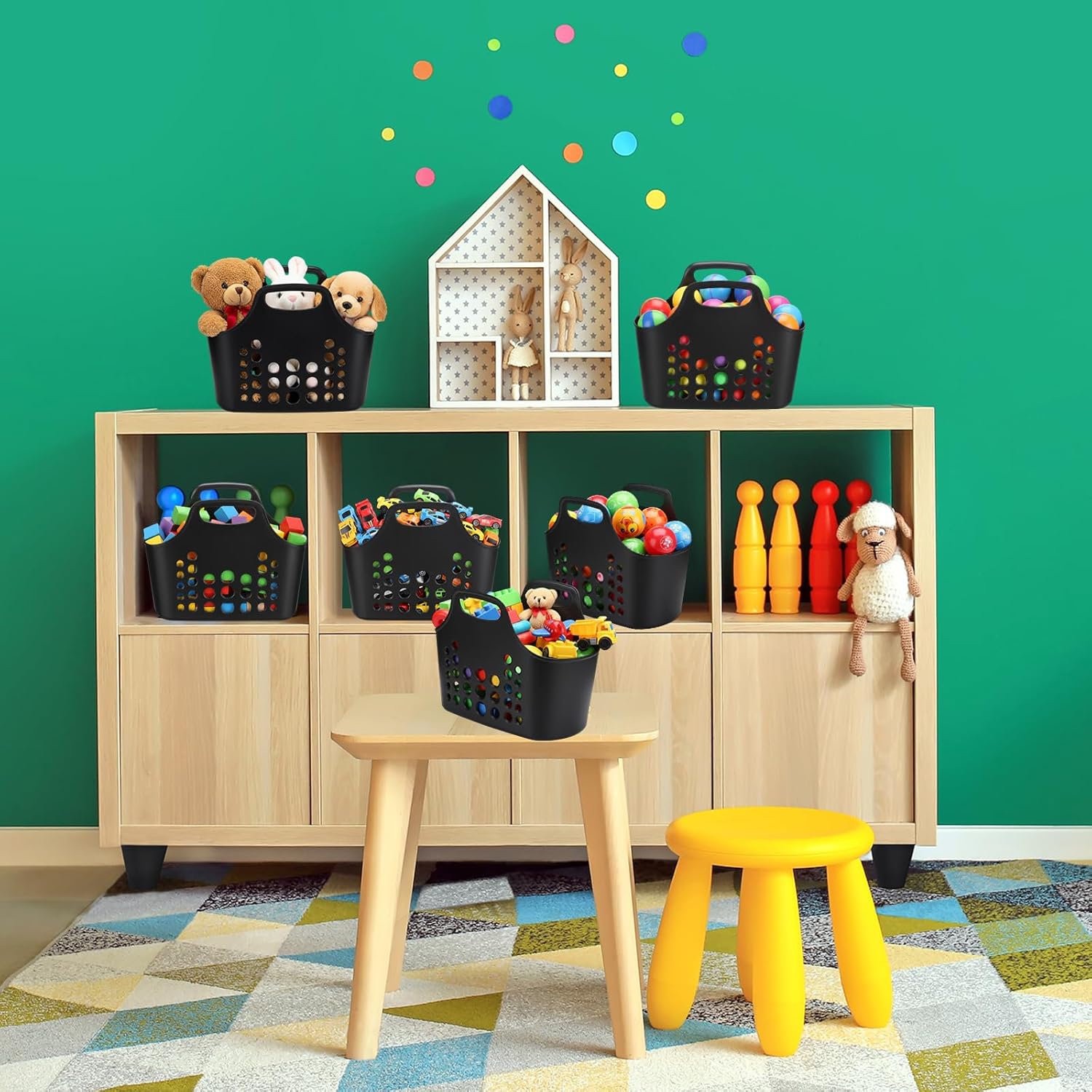 Nuogo 10 Pack Black Basket with Handles Plastic Oval Carry Totes with Handles Caddy Multipurpose Organizer Reusable for Bathroom Dorm Communal Showers Kitchen School, 10.6" x 6" x 10"