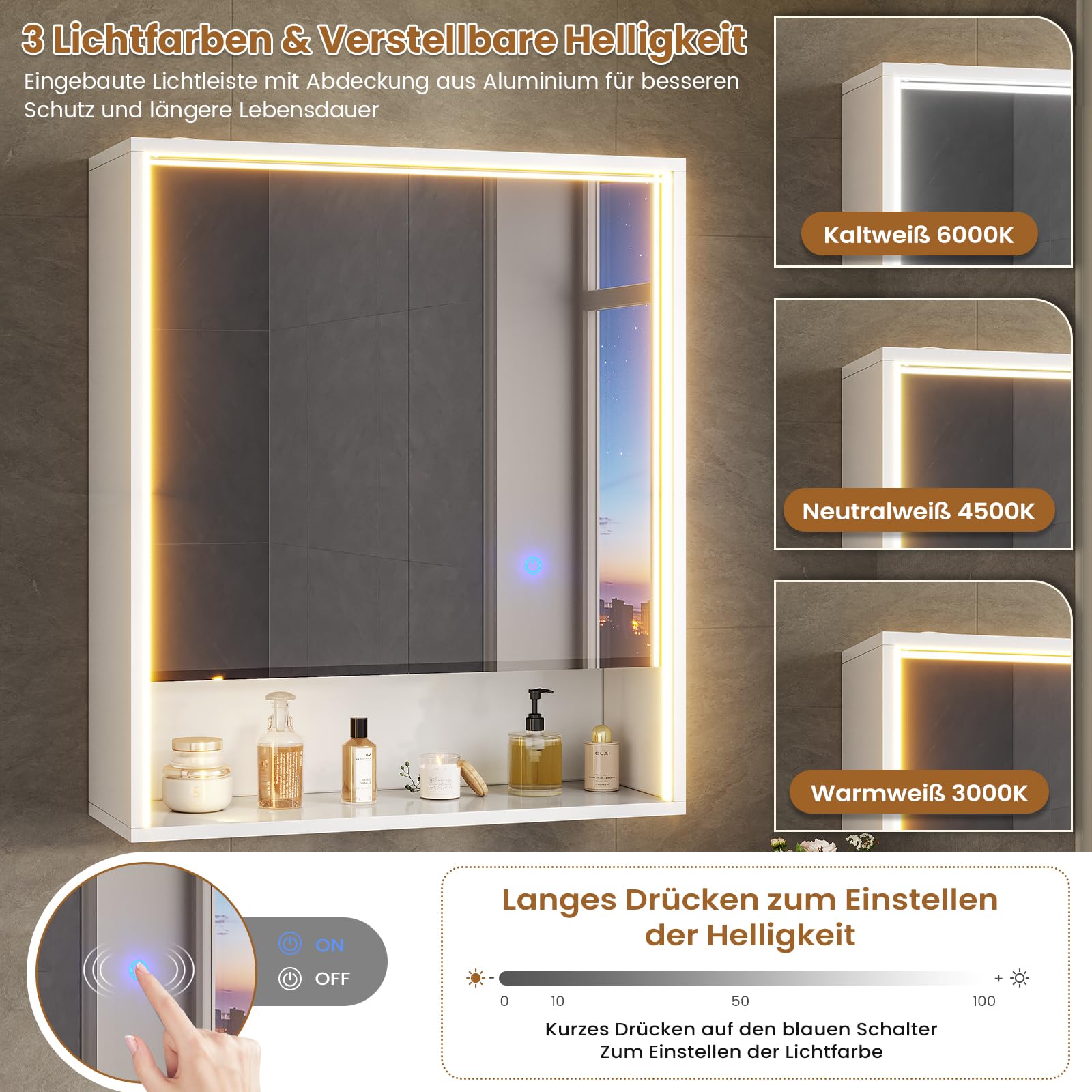 Spiegelschrank mit LED Beleuchtung, Steckdose & 3 Farbtemperaturen | Dimmbare Badezimmerschrank mit verstellbaren Regalen, HD Spiegel, Touch-Sensor, Doppeltür Hängeschrank 60x70x19 cm, Weiß