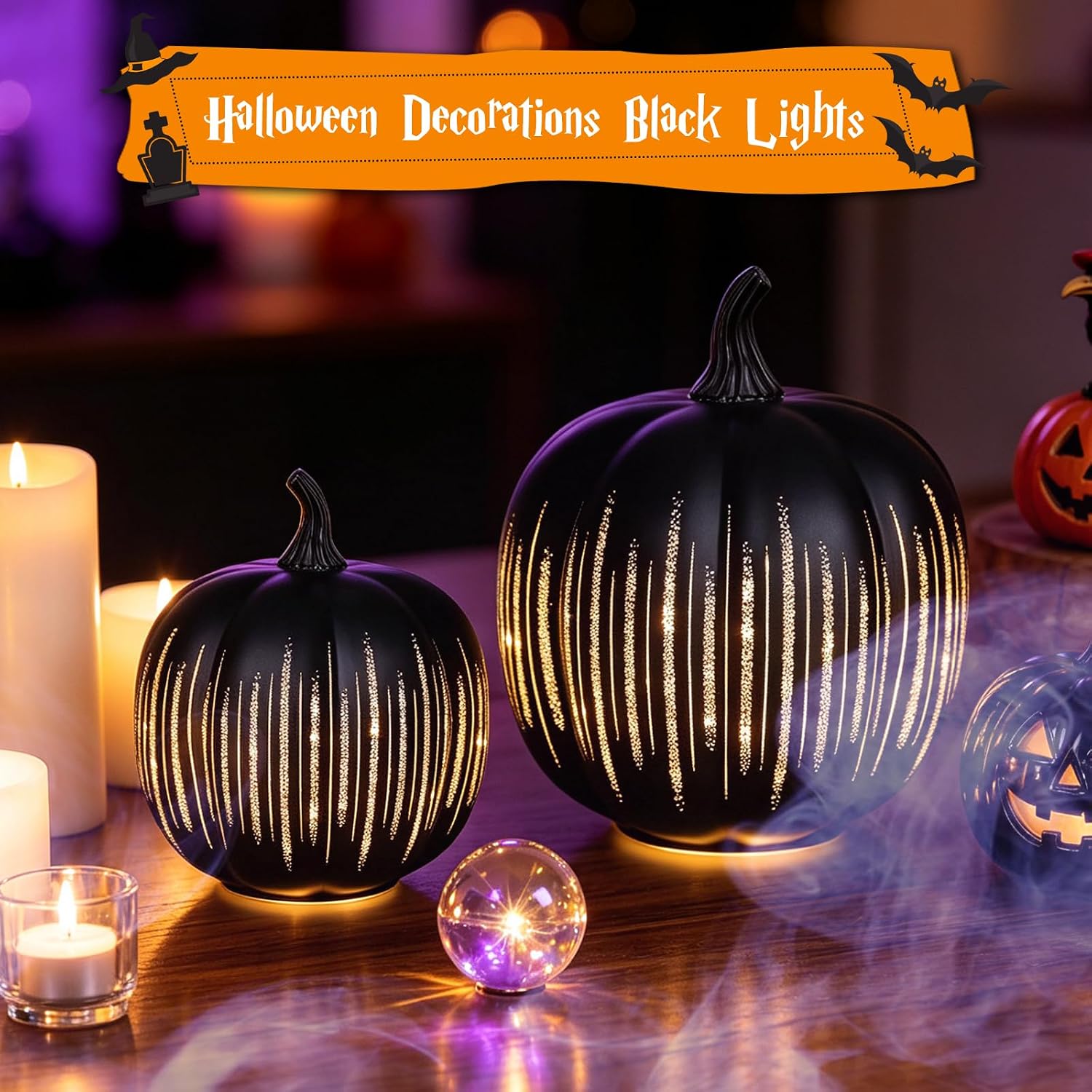 Halloween Starry Night Pumpkins Glass Lights,Black 2PCS Figure | Halloween Black Glass Pumpkins for Home Fireplace Kitchen Room Party Entrance Hall Table Decor or Gift