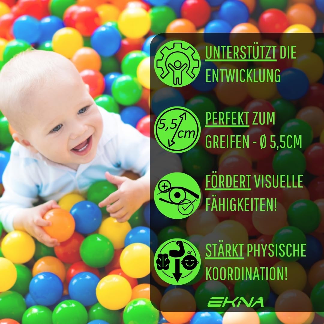 EKNA Spielbälle Ø 5cm - Bällebad Bälle 200 Stück - Bunte Auswahl für Bällebad-Pool - Plastikbälle Baby-Bälle Farben Hellgrün Hellblau Gelb Rosa Weiß Lila