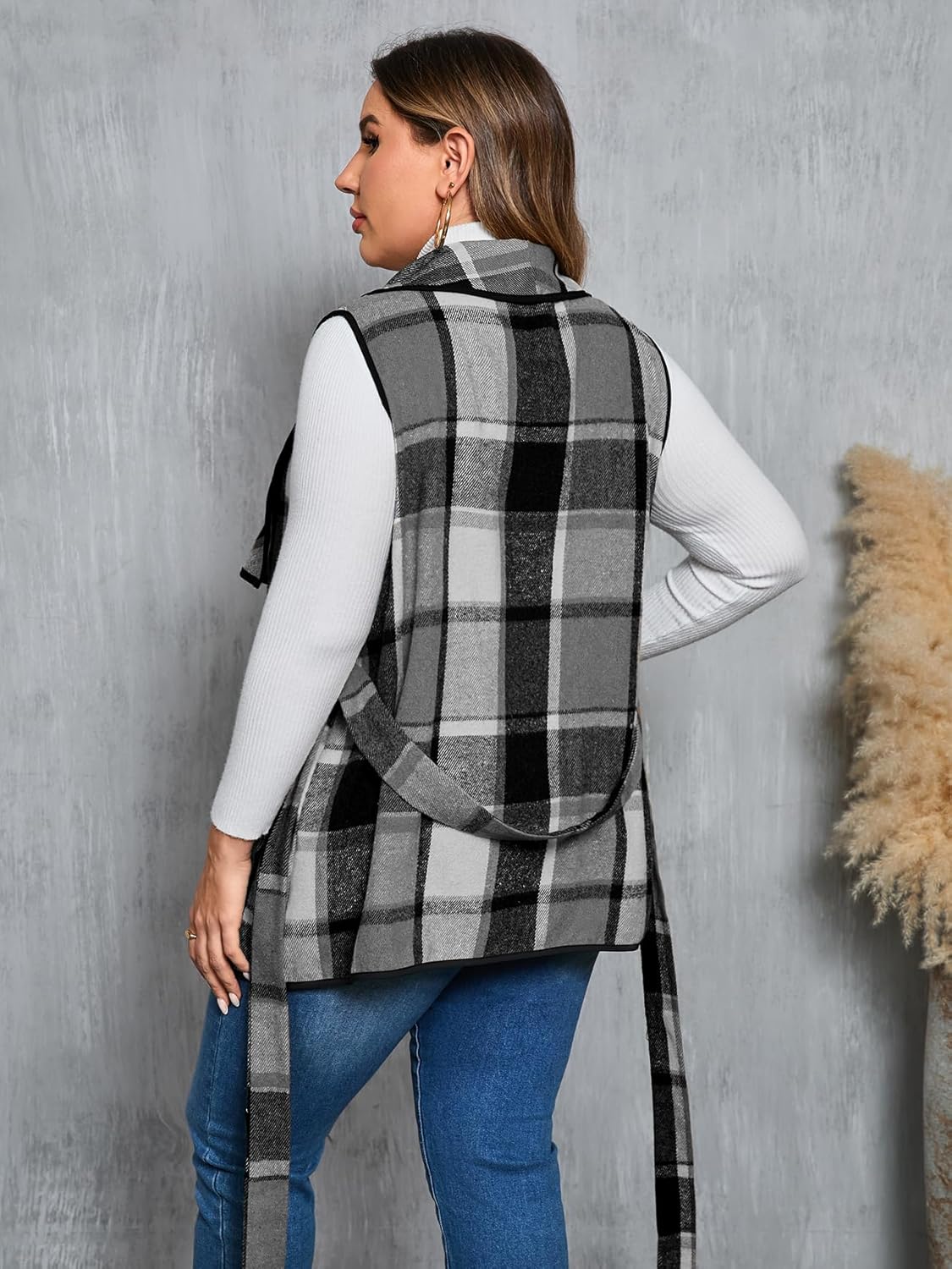 ZOMVA Women's Plus Size Plaid Long Vest Lapel Open Front Belted Sleeveless Shacket Casual Jackets Coat with Pockets Fall - Image 4