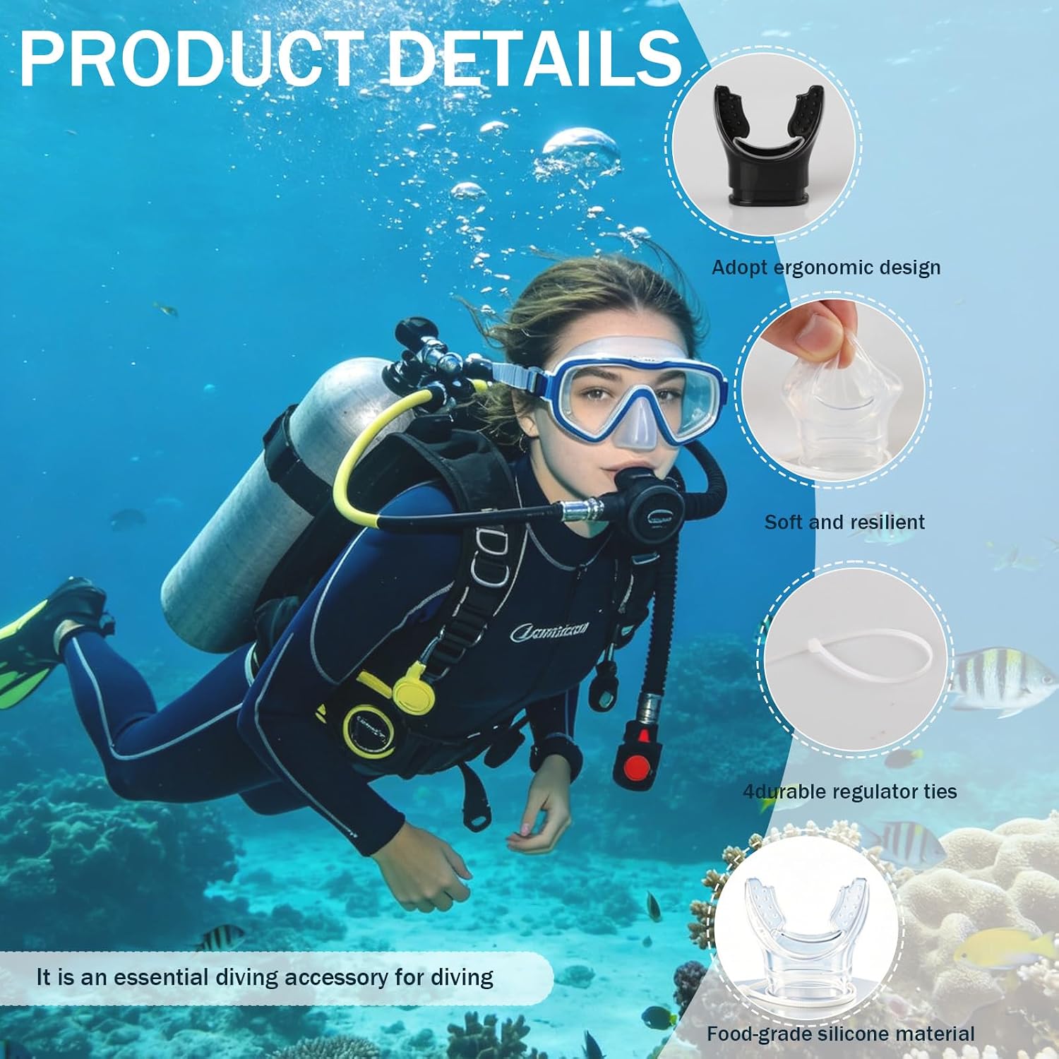 Scuba Diving Mouthpiece 4-Pack, Soft Silicone Snorkel Mouthpiece Regulator Replacement with 4 Ties, Universal Fit for Most Standard Regulators Scuba Accessories, 2 Black & 2 Clear