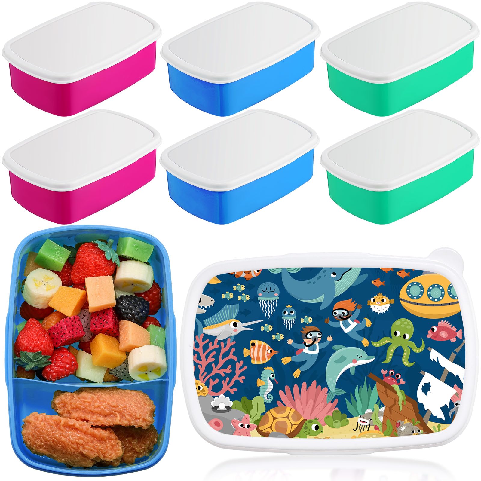 Teenyyou 6 Pcs Sublimation Lunch Box Reusable Plastic Bento Box 2 Compartment Bpa-free Snack Containers 7.3 x 4.9 x 2.4 Inches DIY Bento Containers