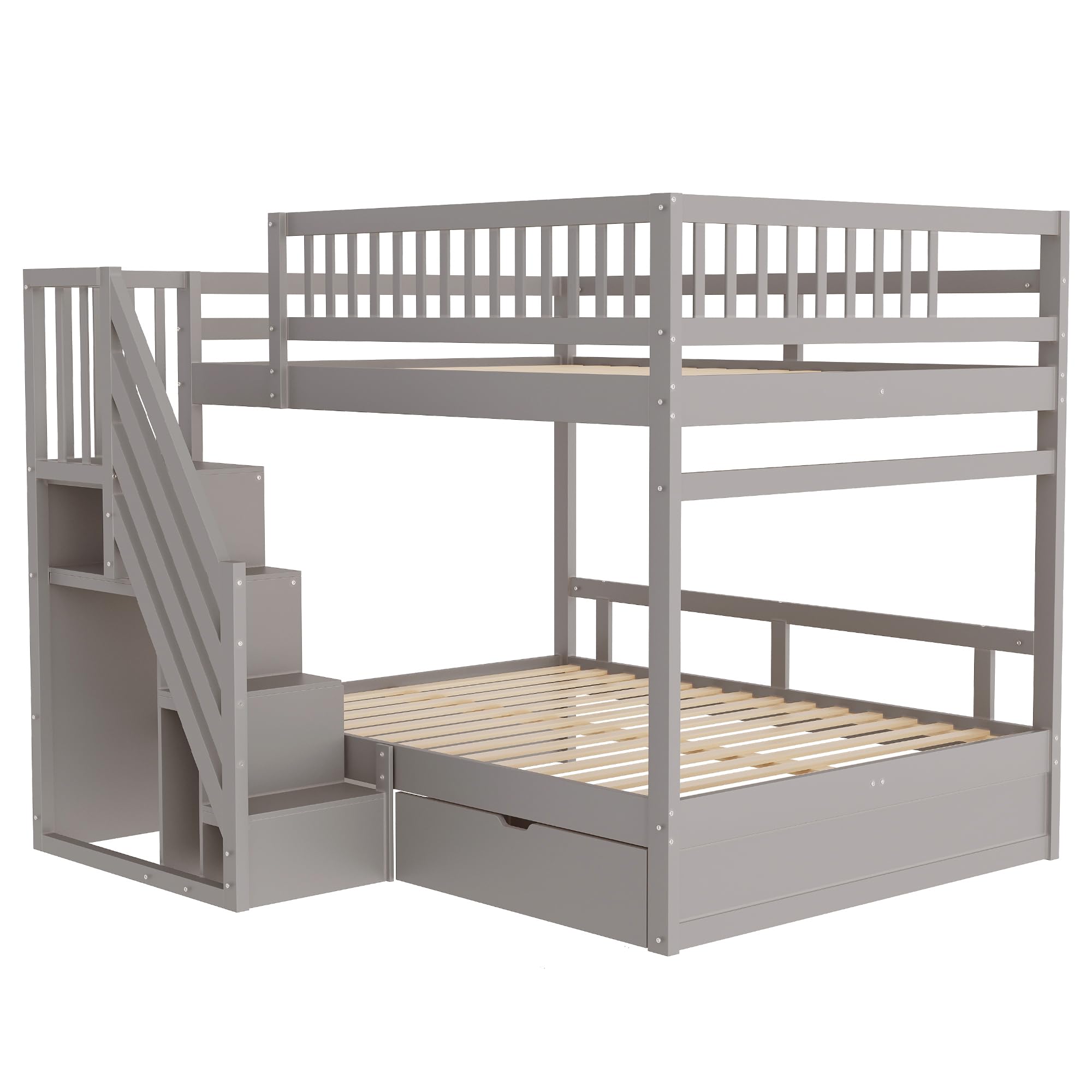Kinderbett Etagenbett 140x200, Hochbett für 4 Kinder, Stockbett mit Treppe&Aufbewahrungsschrank&Schublade, Holzbett Jugenbett Funktionsbett mit Lattenrost&Rausfallschutz,Kiefernholz,Ohne Matratze,Grau