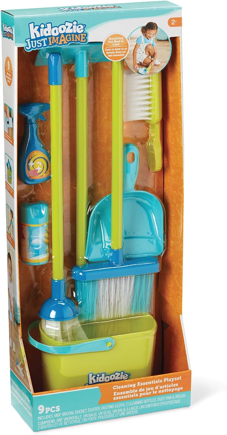 Kidoozie Cleaning Essentials Playset - 9-Piece Pretend Play Set with Broom, Mop, Duster, Dustpan, Bucket, and More!