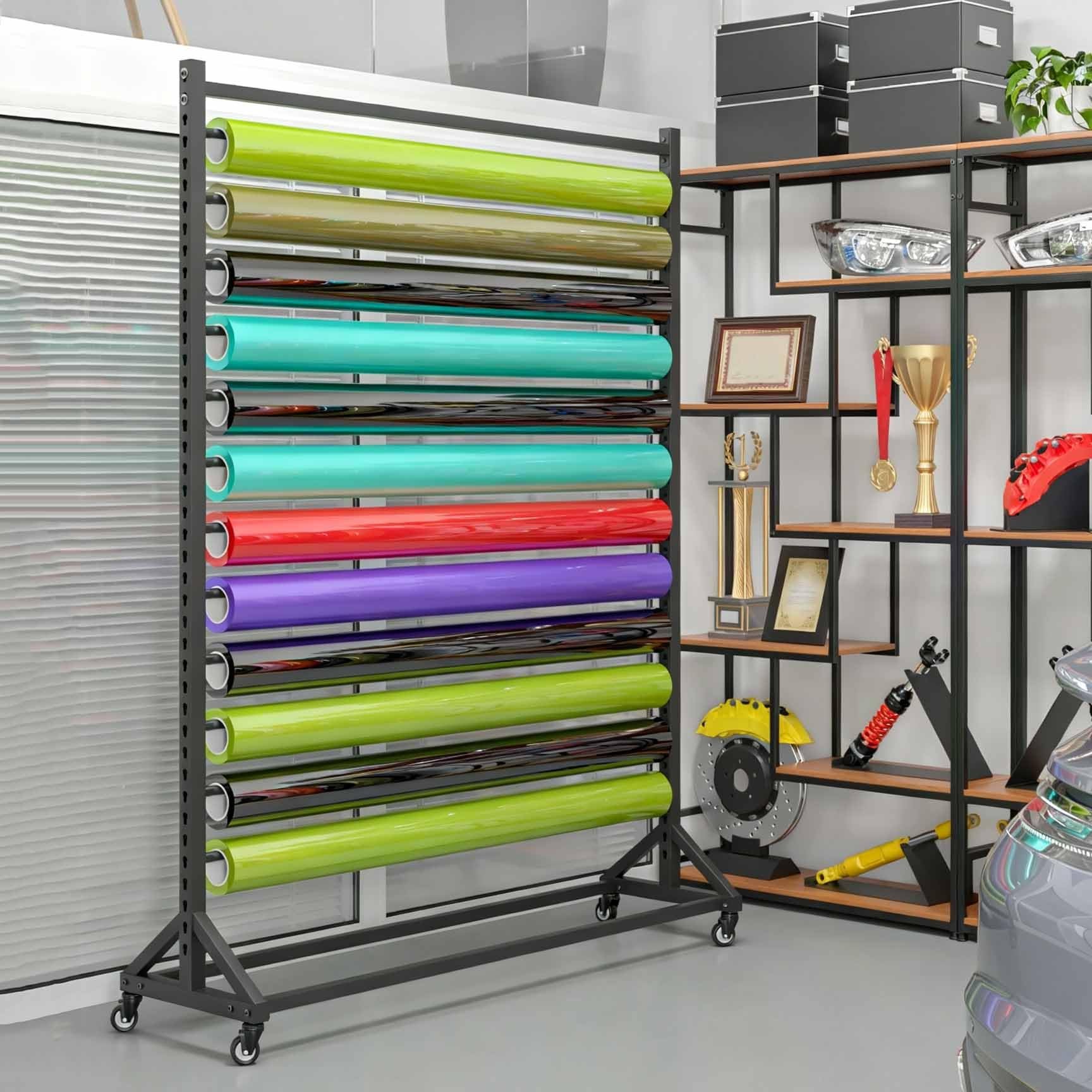 Espositore pellicole viniliche, espositore pellicole adesive auto con ruote | Acero laminado en frío, soporte ajustable para rollos de tela, papel pintado, cuero y PVC para ventanas(12-tier)