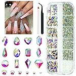 qiipii 2052Pcs Crystal AB Nail Rhinestones AB Crystal Nail Charms 72 Multi Shapes Flatback Rhinestones Big Nail Art Gems +1980 Round Beads K9 Glass Stones Diamonds Jewels for Nails Faces Eyes Makeup