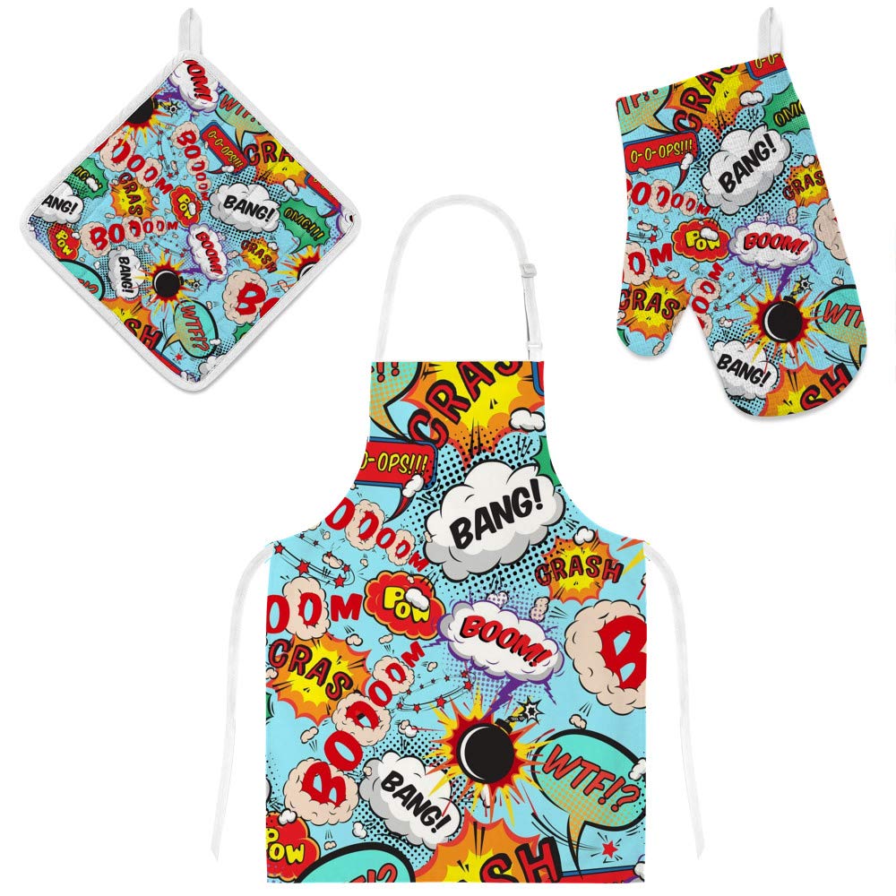 Lot de 3 tabliers de cuisine avec maniques et gants textile imprimé dessin animé